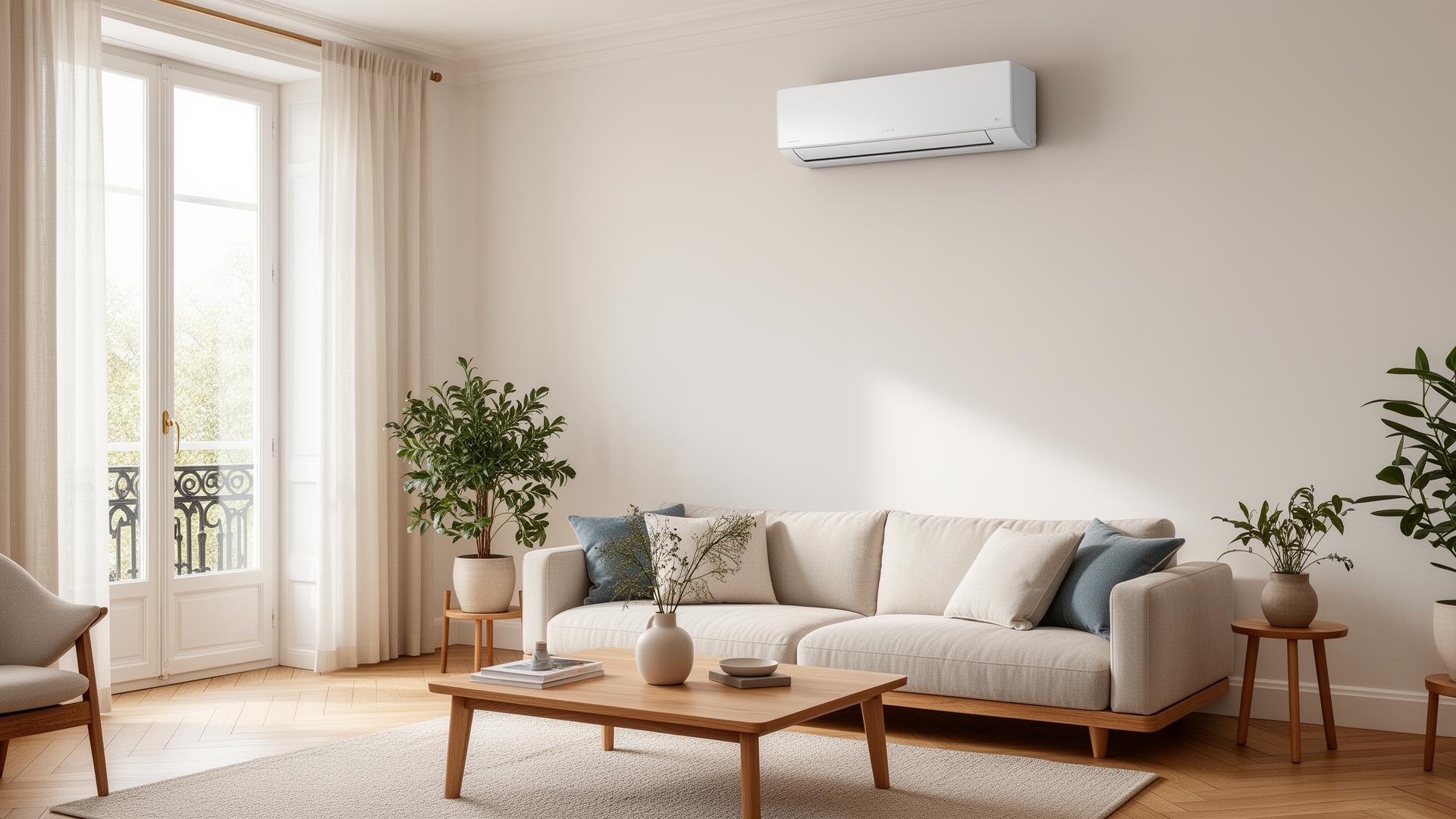 Climatisation réversible installée dans un salon lumineux